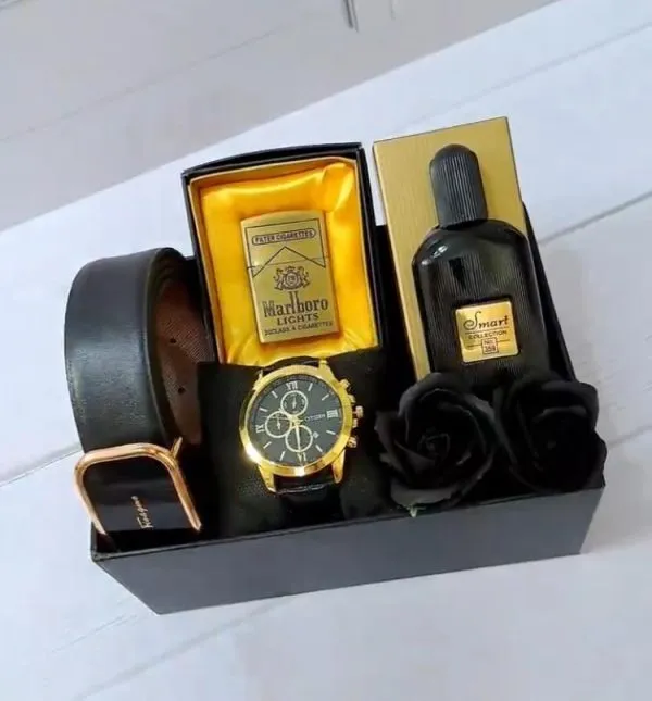 کادو لاکچری تولد مردانه M120 شامل ساعت، کمربند و فندک در هاردباکس لوکس