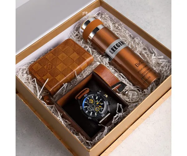 باکس کادوی مردانه لوکس طلایی M122 شامل ساعت EAGLE TIME، اسپری لجند، کیف جاکارتی و جاکلیدی مشکی