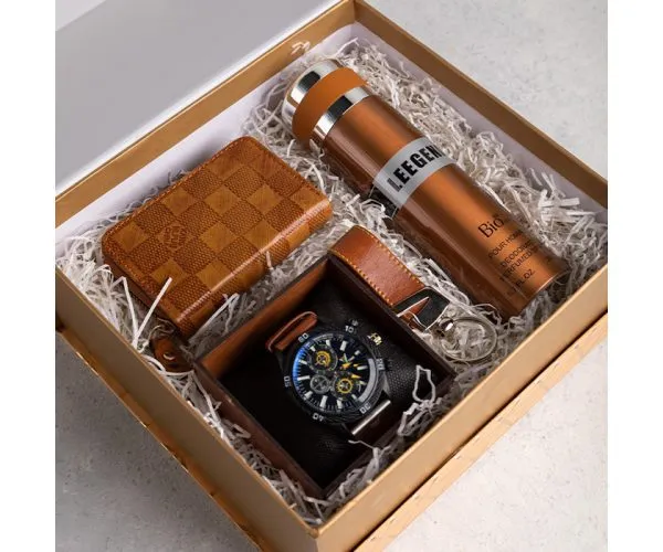 باکس کادوی مردانه لوکس طلایی M122 شامل ساعت EAGLE TIME، اسپری لجند، کیف جاکارتی و جاکلیدی مشکی