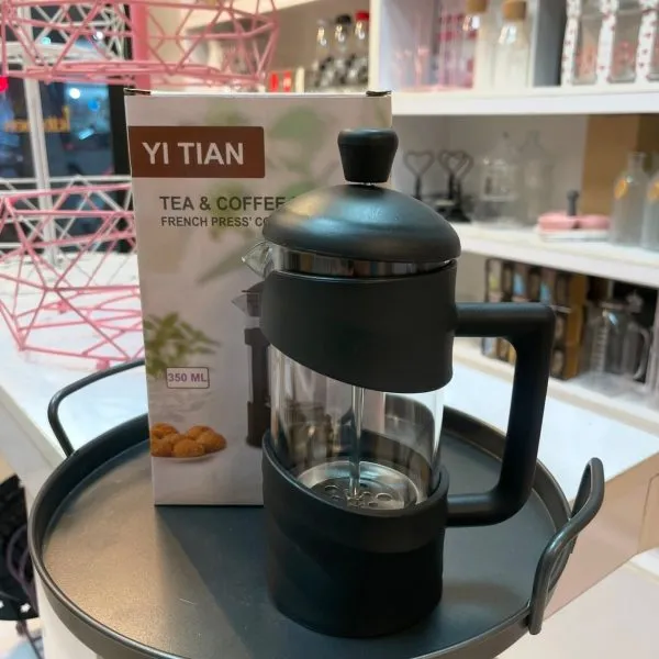 فرنچ پرس Yitian ظرفیت ۳۵۰ میلی لیتر با بدنه شیشه‌ای شفاف و فیلتر استیل برای قهوه و دمنوش
