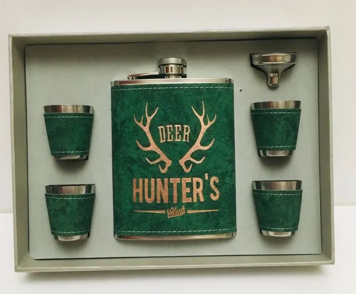 ست قمقمه جیبی چهار شات روکش چرم طرح گوزن Deer مدل کتابی، مناسب کمپینگ و کوهنوردی