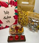 پک هدیه آجیل شب یلدا Y120 با جعبه چوبی رویال و اقلام متنوع برای شب یلدا