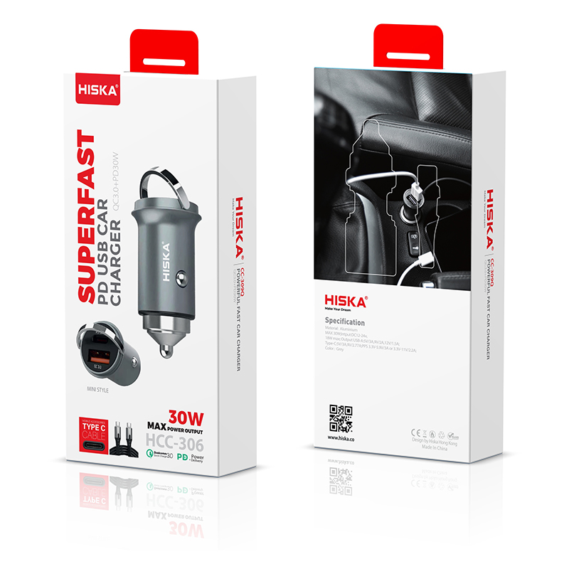 شارژر فندکی هیسکا مدل HCC-306 به همراه کابل تبدیل USB-C