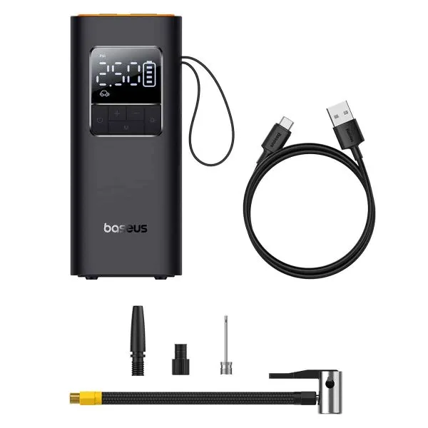 پمپ باد شارژی بیسوس مدل SuperMini Pro BS-CG016 پمپ باد شارژی بیسوس مدل SuperMini Pro در کنار نازلها و کابل شارژ Type-C
