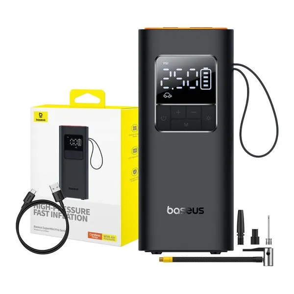 کمپرسور باد شارژی بیسوس مدل SuperMini Pro BS-CG016 مشکی با نمایشگر دیجیتال و طراحی جمع‌وجور
