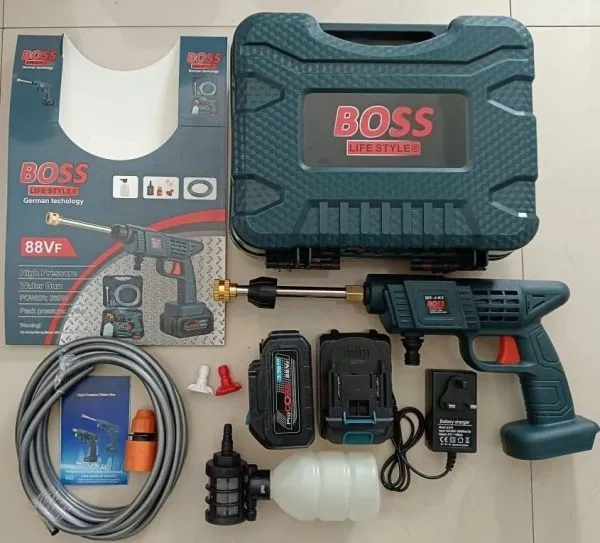 دستگاه کارواش و سمپاش شارژی BOSS مدل 88Vf با باتری 2Ah و فشار آب 22‑30 بار، شلنگ 5 متری برای شستشوی خودرو و آبیاری گیاهان