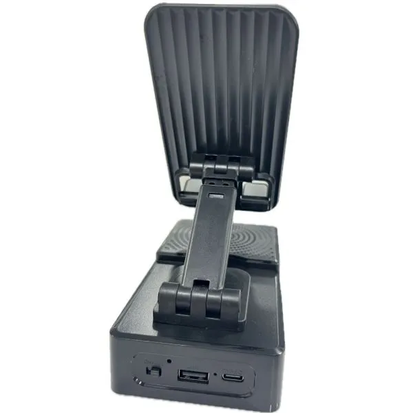 نمایش نزدیک استند اسپیکر دار موبایل F16 با جزییات پایه چرخشی، درگاه USB و باتری قدرتمند