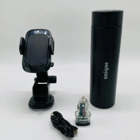 پک هدیه خودرویی کد 108 در هاردباکس شکیل؛ فلاسک استیل 304 دوجداره، شارژر فندکی دو پورت USB و پایه گوشی 4 تا 7 اینچ
