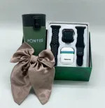 باکس هدیه دخترانه کد G161، بستهبندی سبز رنگ شامل ساعت هوشمند، ایرپاد وایرلس، گیره پاپیون ساتن و تراول ماگ