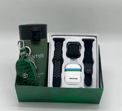 باکس هدیه پسرانه کد B111 سبز شامل ساعت هوشمند، ایرپاد وایرلس و تراول ماگ مناسب هدیه مردان