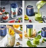 شیکر شارژی مدل دولیوانه در کنار کیف ورزشی، طراحی فشرده و قابل حمل برای استفاده روزانه