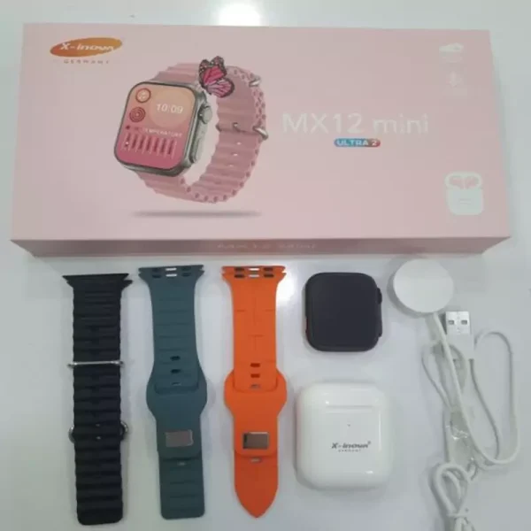 ساعت هوشمند MX12 Mini Ultra2 با قاب ۴۱ میلی‌متری آلومینیومی، ایرپاد بلوتوثی و سه بند رنگی