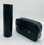 محتویات باکس هدیه شرکتی CB24 | فلاسک یونیک درجه‌دار استیل با طراحی منحصربه‌فرد به همراه کیف دستی پاسپورتی چرم مردانه داخل هاردباکس کادویی