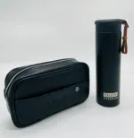 محتویات باکس هدیه شرکتی CB25 | تراول ماگ استیل اینجوی عایق حرارتی به همراه کیف دستی پاسپورتی چرم مردانه داخل هاردباکس کادویی