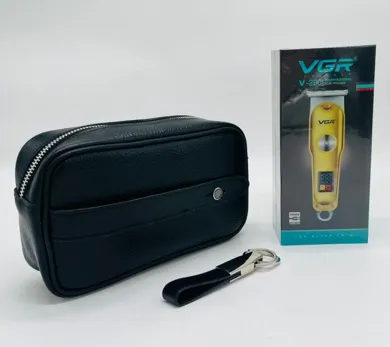 محتویات پک هدیه تبلیغاتی CB26 | ماشین اصلاح سر و صورت VGR V290 ضدآب، کیف دستی پاسپورتی مردانه و جاکلیدی چرم طبیعی داخل هاردباکس