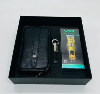 باکس هدیه سازمانی مردانه کد CB26 | هاردباکس شکیل شامل ماشین اصلاح VGR V290، کیف پاسپورتی چرم و جاکلیدی چرمی با امکان چاپ لوگو