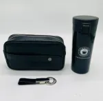 محتویات باکس هدیه سازمانی CB27 | تراول ماگ کافی دکمه‌دار استیل، کیف پاسپورتی چرم و جاکلیدی چرمی، هدیه کاربردی برای همکاران و مشتریان