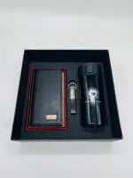 باکس هدیه سازمانی مردانه کد CB40 شامل کیف پول پالتویی مردانه، جاکلیدی چرمی و تراول ماگ کافی دکمه دار