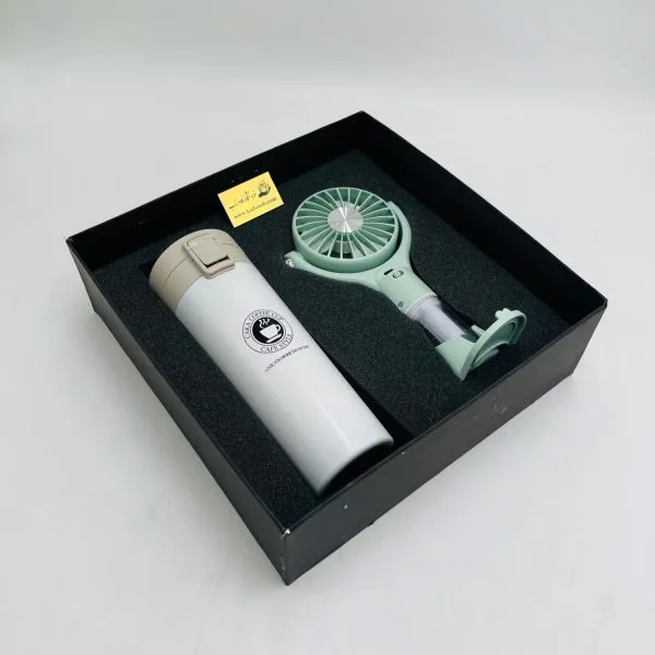 پک هدیه سازمانی تابستانه CB80 شامل تراول ماگ کافی و پنکه مه‌پاش SPRAY FAN، هدیه تابستانی ماندگار